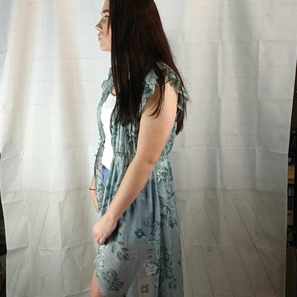 Long Sage Green Flowy Sheer Duster Vest Cover-up - Picture 4 of 7